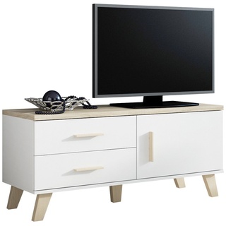 Stylefy Lowboard Latta 120 1D2S 53x120x40 Weiß Eiche (TV-Kommode, TV-Schrank), viel Stauraum, mit Schubladen, variabel stellbar, Skandinavisch Design weiß