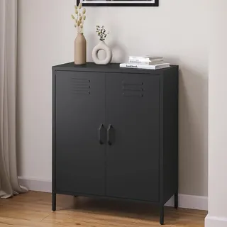 skølm Atria Kommode, mit 3 Fächern, Schwarz, Metallschrank mit Doppeltüren | Sideboard, Mehrzweckschrank mit flexiblen Einlegeböden, Industrial Highboard, Aufbewahrungsschrank/Flurschrank für Flur
