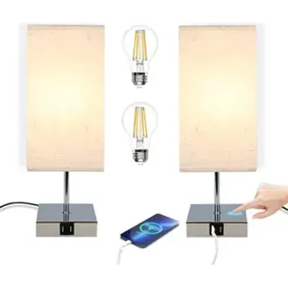 ZMH 2er Set Nachttischlampe Tischlampe touch dimmbar USB Vintage Tischleuchte mit Ladefunktion E27 Aufladbar Warmweiß Nachtlicht mit Stoffschirm S... - Weiß