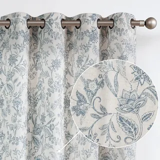 Lazzzy Leinen-Vorhänge im Bauernhausstil für Wohnzimmer, 228 cm Länge, Blumendruck, Fenstervorhänge, halbtransparente Vorhänge für Schlafzimmer, Landhauslichtfiltervorhang, Ösen, 2 Paneele, Blau auf