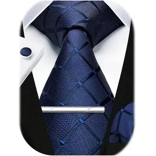 Krawatte Herren Hochzeit Einstecktuch Plaid Set Manschetten Navy blau