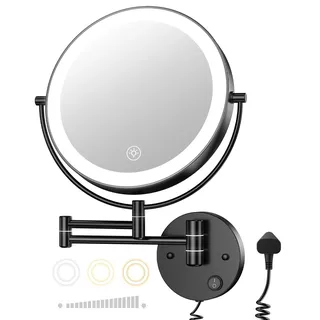 Gospire Kosmetikspiegel, Wandmontage, beleuchteter Schminkspiegel mit 3 Farblichtern und stufenlosem Dimmen, 1 x / 10-fache Vergrößerung, LED, doppelseitig, Touch-Sensor, ausziehbarer Arm, 360°