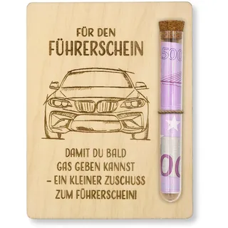 ZUKLA Geldgeschenk Führerschein Gutschein – 13 x 10 cm – mit Reagenzglas | Führerschein Spardose - Sparschwein Fahrschule