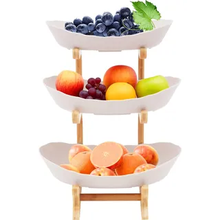 Fyssnn Obst Etagere 3 Stöckig Obstschale mit Bambusholzständer 3-Tier Servierschalen mit Ständer Geeignet zum Ablegen von Obst Süßigkeiten Desserts usw (Beige)