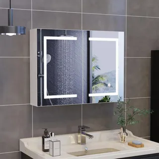CXHLXYR Badezimmer Wandschrank mit Spiegel und LED, Doppeltür Toilettenschrank mit Spiegeln, Badezimmerschrank mit Spiegel und verstellbarem Regal, einstellbare Farbtemperatur (Weiß, 80x13,5x60 cm)