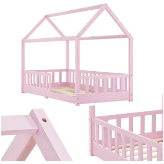 Juskys Kinderbett Marli 90 x 200 cm mit Rausfallschutz, Lattenrost & Dach - Holz Hausbett Rosa