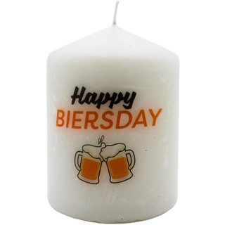 Stumpenkerze, Geburtstagskerze in weiß mit Schriftzug - Happy Biersday -, in schwarz - orange, Größe: H/Ø ca. 8 x 6 cm