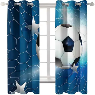 PVMLVM Schlafzimmer Vorhang 2Er Set 3D Kunst Blauer Fußball Muster Verdunkelung Gardinen Blickdicht Mit Ösen Polyester Vorhänge Für Kinderzimmer Wohnzimmer Fensterdekoration 183x214cm