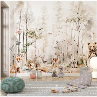 Fototapete Kinderzimmer, Wald, Waldtiere Bäume, Tapeten für Kinder Babyzimmer Vlies Tapeten wandtapete Mädchen und Jungen Tiertapete Teddybären, Fuchs, Hirsch, Baumvögel