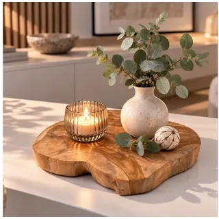 Online-Fuchs Dekotablett rustikale Deko Baumscheibe aus massiven Teakholz - 30 oder 40 cm groß (Holzscheiben aus Naturholz, Tischdeko), ganzjährige Dekoration - Frühling, Sommer, Herbst & Winter beige