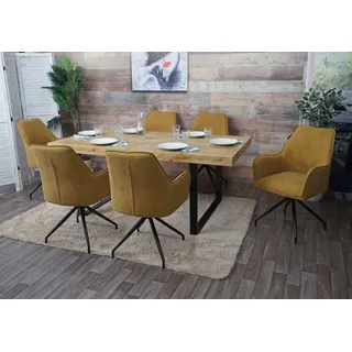 6er-Set Esszimmerstuhl HWC-K15, Küchenstuhl Polsterstuhl Stuhl mit Armlehne, Stoff/Textil Metall  gelb