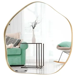 RELAX4LIFE Unregelmäßiger Wandspiegel, Asymetrischer Spiegel zum Aufhängen, Einzigartiger Kosmetikspiegel, Hängespiegel mit HD-Spiegel Robustem Rahmen, für Wohnzimmer Bad Flur (Gold,75x70x3cm)