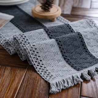Weldomcor Makramee Baumwollflachs Mesh Tischläufer Grau 30x240cm | Rechteckige Abwaschbar Tischläufer mit Quasten, Boho Vintage Bauernhaus, Ideal für Küche Hochzeit Esszimmer Feierlichkeiten