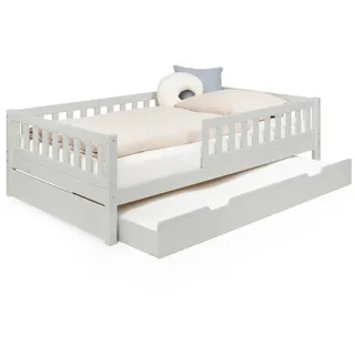 Ehrenkind Kinderbett Lille aus massivem Kieferholz inkl. Rollrost und Rausfallschutz (120x200 cm Hellgrau, 2-in-1: Mit optionalem Umbauset zum Bodenbett umbaubar), flexibler Rausfallschutz beidseitig montierbar grau 120 cm x 200 cm