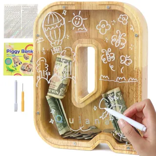 Lakpopya Spardose für Kinder Jungen Mädchen Sparschwein Kinder Spardose Personalisiert Durchsichtig Spardose Buchstabe Holz A-Z mit Zielbereich & Aufkleber & Marker, Taufe Geschenk Dekoration (Q)