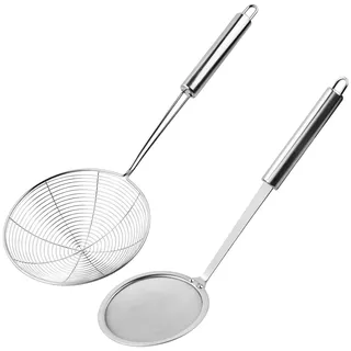 Vesaneae 2er Set Schaumkelle Edelstahl, 10/15,5cm Gittersieb aus Edelstahl, Abseihlöffel mit Langem Griff, Sieblöffel Feines Sieb, Schaumlöffel, für Küche, Filter Skims Fat Scum, Skimming Fett Schaum