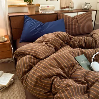 Lanqinglv Gestreift Bettwäsche 135x200 Braun Streifen Bettwäscheset,Kuschelig Vintage ÖKO-TEX Bettwäsche für Allergiker Geeignet,1 Bettbezug & 1 Kissenbezug 80x80 cm