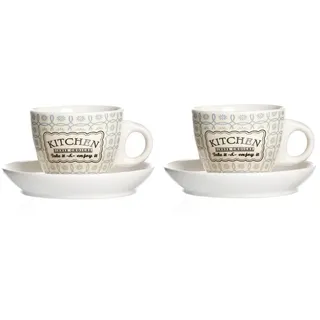 Ritzenhoff & Breker Tasse 2er Set Espressotassen + Untertassen 80ml Creme/Blau Retro Kitchen, Porzellan