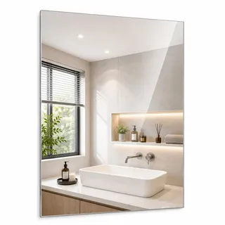 Kristallspiegel / Wandspiegel / Badspiegel Rahmenlos ohne Facette Mirror Made in Germany incl. Befestigungsmaterial (50 x 40), Silber
