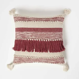 Homescapes Kelim Kissen Zadar rot-weiß gestreift, Boho Kissen 45x45 cm mit Quasten & Fransen, Deko-Kissen mit Füllung