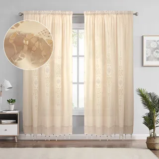 choicehot Scheibengardinen Lang Gardinen Wohnzimmer Modern - Baumwolle und Leinen Vorhänge mit Fransen Fensterschal Beige Retro Hohle Blickdicht 175 x 255 cm(B x H) 1 Stück