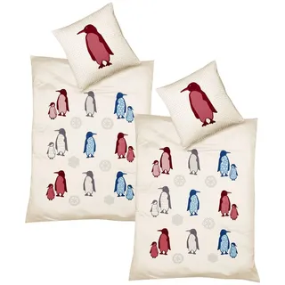 JACK Bettwäsche JACK by Fleuresse 4tlg. Fein Biber Bettwäsche 135x200cm Pinguin Rot, Biber, 4 teilig, süße Pinguine mit Schneeflocken, Baumwolle, mit Reißverschluss bunt