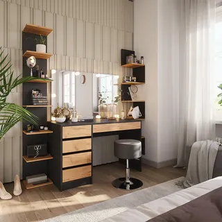 Vicco Schminktisch Sherry, Anthrazit/Goldkraft Eiche 120 x 145 cm mit Spiegel, LED-Lichterkette und Hocker