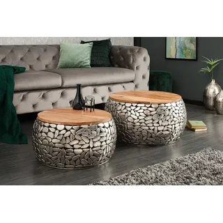 riess-ambiente Couchtisch STONE MOSAIC Ø65cm silber / natur (Set, 2-St), Wohnzimmer · Metall · Massivholz · rund · Mosaik Design · handmade silberfarben