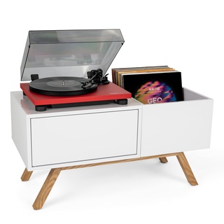 Glorious Turntable Lowboard - im 60er-Jahre-Retrodesign, Abhörstation, Offene Record Box, schockabsorbierende Gummifüße, weiß