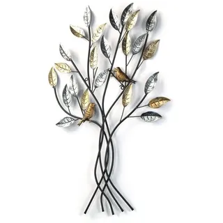 DESIGN DELIGHTS Wand DEKO Baum mit Vögeln | Metall, 76 cm, Silber/Gold | Metallbild Blätter, Wandrelief, Wandbild, Wandskulptur