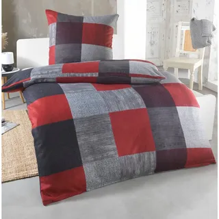 Dreamhome Bettwäsche 155x220 + 80x80 cm Thermo Fleece Bettwäsche, atmungsaktiv, Für Allergiker geeignet, pflegeleicht, angenehm weicher Stoff grau|rot