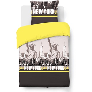 Vision - Bettwäsche New York gelb – Bettbezug 140 x 200 cm mit 1 Kissenbezug 65 x 65 cm – 100% Baumwolle
