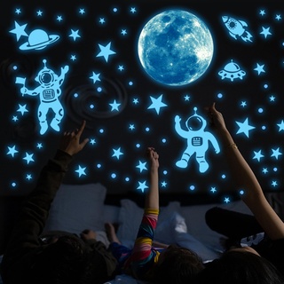 Leuchtsterne Kinderzimmer Sterne Leuchtend Selbstklebend Wandsticker Wandaufkleber Kinderzimmer Junge Mädchen Kinder Mond Astronaut Leuchtaufkleber Schlafzimmer Wohnzimmer Wandtattoo Blau