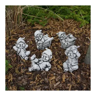 gartendekoparadies.de Gartenfigur 5er Set Gnom Familie, Steinfiguren Wichtel Gnome H. 13-17 cm, 10 kg, (5er-Set), Frostsicher grau