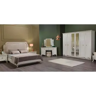 JVmoebel Schlafzimmer-Set Schlafzimmer Garnitur in Weiß mit Doppelbett und Nachttischen, (5-tlg., Bett, 2xNachttische, Kleiderschrank, Schminktisch), Made in Europe weiß