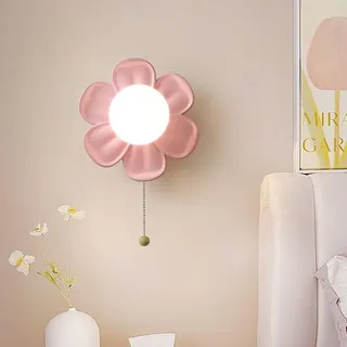 LOGT Baby Wandlampe Blume Wandleuchte mit Schalter 3 Farbtemperatur Nachtlampe G9 Innen Kinderzimmer Lampe mit Zugschalter LED Modern Wandbeleuchtung 7W für Mädchen Jungen Schlummerlicht,Rosa