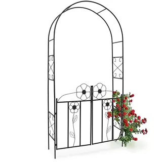 BAKAJI Rosenbogen mit Tor 228 x 116 x 36,5 cm Torbogen aus pulverbeschichtetem Eisen mit schöner Verzierung und Tür-Flügeln Rankgitter und Rankhilfe für Rosen & Kletterpflanzen, schwarz