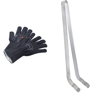 RÖSLE Premium-Grillhandschuhe, Hochwertige Handschuhe zum Schutz vor Verbrennungen & Grillzange gebogen, Hochwertige Grillzange mit ausgewogener Federkraft und exakte Kraftübertragung