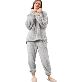iyoimono Schlafanzug Für Damen 2-Set Pyjama Mit Lange Oberteile Und Hosen Polar Fleece Hausanzug Kuschelige Und Warmes Flanell Nachtwasche PjS Für Frauen Flanell Fleece für Winter Sleepwear(Grau,XL) - XL