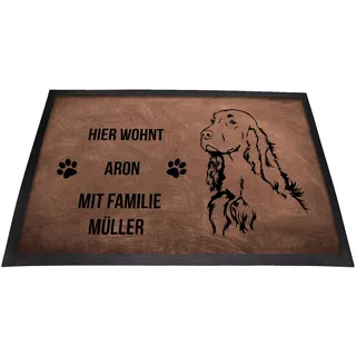 Irish Setter Fußmatte mit Namen für innen & außen | Hier wohnt (Name1) mit Familie (Name2) | rutschfest | Waschbar | Fussmatte personalisiert | (Braun)