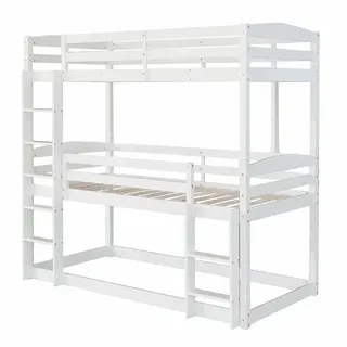 Merax Hochbett 90x200 cm mit drei Ligeflächen, Kinderbett Kiefer mit Leiter Etagenbett verwandelbar mit Rausfallschutz, 3 Stk. Einzelbett weiß