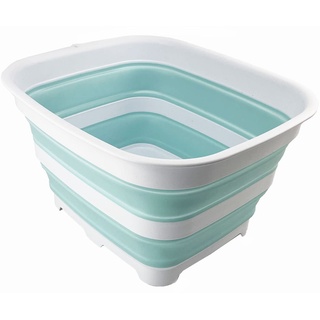 SAMMART 15L Zusammenklappbare Schüssel mit Ablaufstopfen - faltbares Waschbecken - tragbares Geschirrwaschbecken - platzsparendes Küchenregal (Weiß/Seegrün)