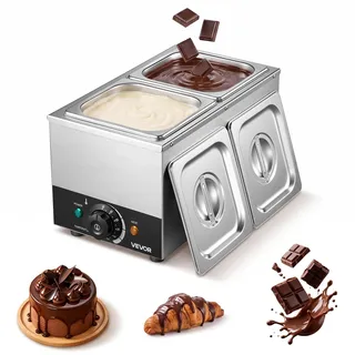 Vevor Schokoladenschmelzmaschine 2 Abnehmbare Behälter Edelstahl 800 W für Bäckereien, Konditoreien und Restaurants, mit Temperaturregelung 30–85 °C, Trockenlaufschutz, Schokoladentempiermaschine