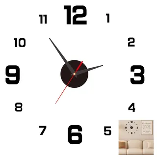 3D Wanduhr Groß 40cm Wanduhr DIY Lautlos Uhr zum Kleben Modern Design Selbstklebenden Einfacher Montage für Wohnzimmer Schlafzimmer Küche und Büro Elegantes Schwarz