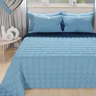 PETTI Artigiani Italiani - Steppdecke für Doppelbett, Tagesdecke für Doppelbett, zweiseitige Steppdecke, Frühlingsdecke, Hellblau, Nachtblau, 100% Made in Italy