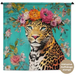 MuchoWow Wandteppich Leopard - Blumen - Krone, Quadratisch, Höhe: 3 mm, Wand Teppich Wohnzimmer, Schlafzimmer, 150x150 cm Quadratisch | 150 cm x 150 cm x 3 mm