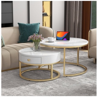 Merax Couchtisch Set rund Satztisch Wohnzimmertisch 1,5 cm Platte, hochglanz Marmoroptik aus Holz mit goldem Metallbeine weiß