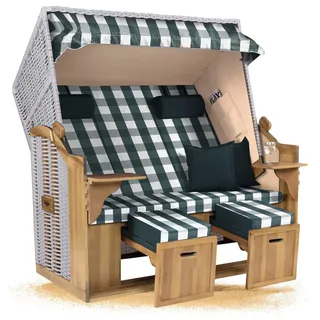 Strandkorb Hanse Ostsee XXL 2,5 Sitzer Volllieger Weiß 150cm breit, ideal für Garten, Terrasse und Balkon (Grün Weiß Kariert, Zerlegt)