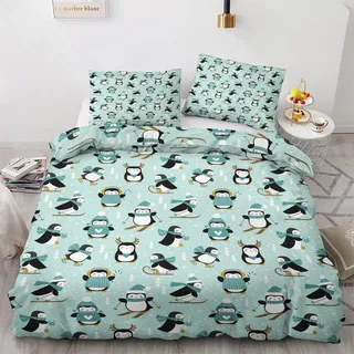Generisch Pinguin Deko - Pinguin Bettwäsche 135x200 Winter, Kinder Weihnachten Bettbezug 135 x 200 2er Set mit 1 Kissenbezug 80x80, Weiche Mikrofaser Winterbettwäsche mit Reißverschluss P*&74