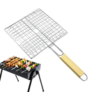 Fisch Grillhalter, Grillkorb Edelstahl, Fischgrillkorb, Fischgrillrost, Gemüsegrillkorb, Faltbarer Fischbräter, Barbecue-Grillkorb Mit Holzgriff, Hitzebeständig, Grill Zubehör Für Gemüse Rindfleisch